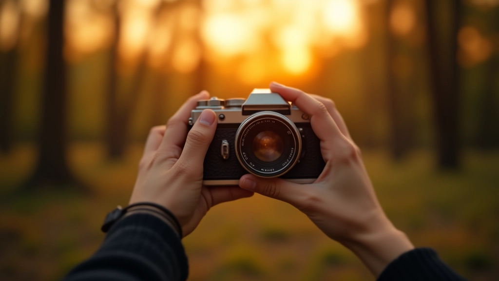 Fotografo rankos su kompaktine kamera, miškai ir upė fone, prieš saulėlydžio laiką