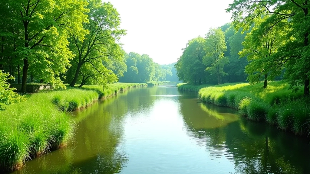 Nemuno kilpos vaizdas su meile, žalia vegetacija ir ramiais vandens bangavimais